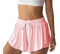 Pantaloncini sportivi da donna dalla linea morbida, per corsa e tennis, shorts ampi 2 in 1, a doppio strato, ad asciugatura rapida, comodi., Rosa pallido, S