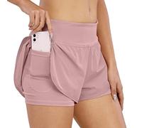 Pantaloncini Sportivi Estivi 2 in 1 Donna, Shorts Sportivi a Vita Alta con Tasche con Cerniera Interna Rosa XXL