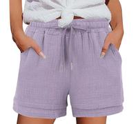 Pantaloncino Donna - Pantalone Lino Donna, Pantaloncini Estivi Casual da Donna A Vita Alta Elasticizzati Comodi Elasticizzati Colore Puro da Indossare in Vacanza (Light Purple L)