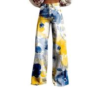 Pantalone Tuta Donna Cotone Pantaloni a Gamba Larga da Donna Pantaloni Elasticizzati Dritti a Vita Alta con Stampa Floreale Vintage con Pantalón Fiesta Mujer Pantalones Largos Mujer (Blue, S)