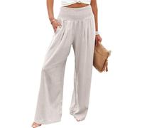 Pantalones Palazzo de Pierna Ancha Con Cintura Fruncida para Mujer, Pantalones Casuales de Verano, Estilo Boho, Holgados, de Pierna Ancha y Cintura Alta para Vacaciones, bianco, XL