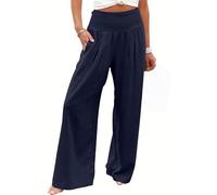 Pantalones Palazzo de Pierna Ancha Con Cintura Fruncida para Mujer, Pantalones Casuales de Verano, Estilo Boho, Holgados, de Pierna Ancha y Cintura Alta para Vacaciones, blu navy, XL