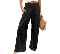 Pantalones Palazzo de Pierna Ancha Con Cintura Fruncida para Mujer, Pantalones Casuales de Verano, Estilo Boho, Holgados, de Pierna Ancha y Cintura Alta para Vacaciones, Nero , xxl
