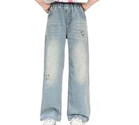 Pantalones Vaqueros para Niñas Pantalones de Hip Hop Y2K Streetwear Jeans Casuales con cordón para Niñas Casual Pantalon Pierna Ancha Y2K Streetwear Color Sólido Pantalón Estilo Informal