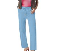 Pantaloni a gamba dritta da donna, casual, da lavoro, comodi, con elastico in vita, con tasche, eleganti, per lavoro, ufficio, tinta unita, estivi, per uscire, Azzurro, L