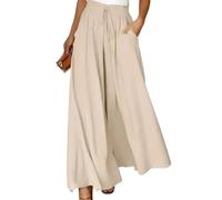 Pantaloni a gamba larga da donna a palazzo con tasche elastici a vita alta estivi da donna pantaloni larghi, Beige, XL plus lungo