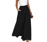 Pantaloni a gamba larga da donna a palazzo con tasche elastici a vita alta estivi da donna pantaloni larghi, Nero , XL plus lungo