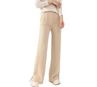 Pantaloni a gamba larga da donna in lana divisa pantaloni a maglia a vita alta tinta unita pantaloni caldi morbidi, Beige, L