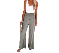 Pantaloni a gamba larga da donna, pantaloni con orlo a bottone, vita alta, vita elastica sulla schiena, pantaloni casual per la vita quotidiana, data delle vacanze, Verde oliva, L
