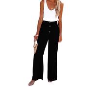 Pantaloni a gamba larga da donna, pantaloni con orlo a bottone, vita alta, vita elastica sulla schiena, pantaloni casual per la vita quotidiana, data delle vacanze, Nero , L