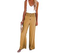 Pantaloni a gamba larga da donna, pantaloni con orlo a bottone, vita alta, vita elastica sulla schiena, pantaloni casual per la vita quotidiana, data delle vacanze, Kaki, SG