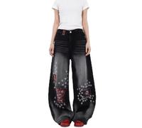 Pantaloni a Gamba Larga Larghi Vintage alla Moda da Donna Pantaloni Elasticizzati Asimmetrici con Cuciture Scozzesi Design a Contrasto di Colori Jeans a Gamba Larga Larghi (Nero,XL)