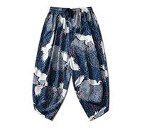 Pantaloni a kimono da donna con elastico in vita Pantaloni stile harem larghi casual con stampa stile giapponese vintage Blue M