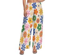 Pantaloni a palazzo da donna, comodi pantaloni larghi da donna, a gamba larga, stile casual con fiori di margherita, Modello 38., XL