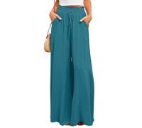 Pantaloni a palazzo fluidi a gamba larga da donna elasticizzati comodi estivi stampati larghi culottes a vita alta con tasche, Blu pavone, L