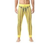 Pantaloni a rete da uomo, sexy, trasparenti, leggings, traspiranti, a rete, effetto bagnato, a rete, biancheria intima, biancheria intima estiva trasparente, pantaloni lunghi con coulisse, O giallo, S