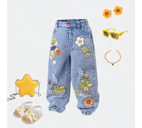 Pantaloni a vita alta in denim lavaggio chiaro con stampa di lettere e volti, adatti per uso quotidiano a scuola, per il ritorno a scuola, per uscite nel fine settimana e per stare con gli amici 6Y,7Y