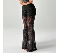 Pantaloni a zampa in pizzo trasparente per taglie forti, pantaloni neri sexy da concerto e rave, indossabili in tutte le stagioni 0XL,1XL,2XL,3XL,4XL,5XLTessuto in maglia