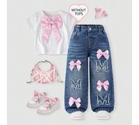 Pantaloni ampi in denim retrò con ricamo a lettere 3D e fiocco per ragazze, stile versatile dolce e fresco da campus, adatto per primavera, estate, autunno e inverno 6Y,7Y,4Y,5YGeometricoDenim