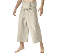 Pantaloni avvolgenti da uomo thailandesi da pescatore in cotone e lino, pantaloni da yoga casual, leggeri, larghi a gamba larga, pantaloni estivi da spiaggia con tasche, cachi, Taglia unica