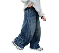 Pantaloni Baggy Ragazzo in Denim Lunghi Bambino Jeans Comodi Tinta Larghi Vita Elastica Estivi Strappati Elasticizzata Y2K Hip Hop Moda Casual Streetwear da Cowboy a Gamba