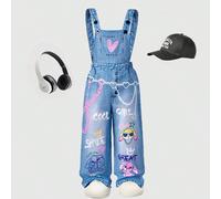 Pantaloni bib alla moda per ragazze con stampa a catena, coniglio e lettera, articolo adatto per il ritorno a scuola, tuta elegante per , estate, autunno 6Y,7Y,4Y,5YFumettoPoliestere