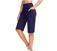 Pantaloni Capri a vita alta da donna UK morbido gamba dritta mezza lunghezza leggeri tinta unita coplor elastico in vita pantaloni da donna tinta unita lunghezza al ginocchio leggings da yoga, 1 #Navy