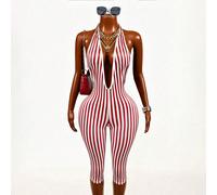 Pantaloni Capri con stampa a contrasto a righe, design con spalle scoperte e schiena scoperta, tuta casual sportiva e sexy da donna per uso quotidiano, vacanze, primavera/estate L,M,S,XLA striscePolie