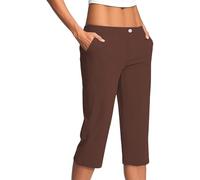 Pantaloni Capri da donna elasticizzati a vita alta, pantaloni a 3/4, tinta unita, casual, elasticizzati, a gamba larga, leggeri, estivi, con tasche, per passeggiate, vacanze, viaggi, Marrone, 5XL