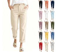Pantaloni Capri da donna in cotone e lino, casual, a gamba dritta, da spiaggia, leggeri, con elastico in vita, comodi abbigliamento da casa per l'estate in spiaggia e le vacanze, Beige, L