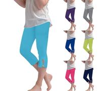 Pantaloni Capri da ragazza, elasticizzati, a vita alta, per yoga, danza, tinta unita, leggeri, estivi per bambini, leggings a 3/4, eleganti, magri, tinta unita, in cotone, Blu, 13-14 Anni