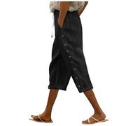 Pantaloni Capri Estivi a Vita Elastica, Tinta Unita, Bottoni Laterali Larghi, Donna, Versatili e Comodi per la Bella Stagione/A