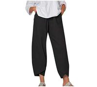 Pantaloni Capri Estivi Casual in Cotone e Lino, Pantaloni Capri con Elastico in Vita e Gamba Larga, Pantaloni Larghi Comodi a Vita Alta con Tasche (Black,4XL)