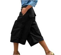 Pantaloni cargo da donna a 3/4, in tessuto, a vita alta, larga, tinta unita, elasticizzati, leggeri, comodi, per il tempo libero, per attività all'aperto, ad asciugatura rapida, con tasche e passanti