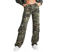 Pantaloni cargo da donna a vita alta, mimetici, militari, elasticizzati, con tasche, Pd08264-verde, M