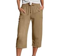 Pantaloni cargo da donna con cintura da spiaggia formale jogger da donna espandibile con bottone in vita comodo da viaggio a quadri chino lino, cachi, M