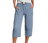 Pantaloni cargo da donna con cintura da spiaggia formale jogger da donna espandibile con bottone in vita comodo da viaggio a quadri chino lino, Blu, M