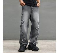 Pantaloni cargo da uomo in stile Grunge Goth Y2K con toppe a pentagramma, gamba dritta con tasche, jeans casual da strada con vestibilità ampia L,M,S,XL,XS,XXLGeometrico,Colore unico,A strisceDenim