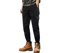 Pantaloni cargo da uomo, lunghi, con polsini, per il tempo libero, basic washed Sportwear Multi tasche, per trekking, taglie forti, pantaloni da jogging, tinta unita, Nero , 3XL