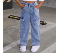 Pantaloni cargo in jeans larghi, stropicciati e versatili, adatti a tutte le situazioni, per ragazze pre-adolescenti 8Y,9Y,10Y,11Y,12YLettere,Colore unicoDenim