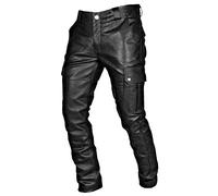 Pantaloni cargo in pelle, da uomo, con tasche multiple, stile punk, vintage, gotico, slim fit, senza cintura, pantaloni da lavoro di sicurezza, alla moda, in vera pelle, S-5XL, Nero , XXL