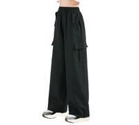 Pantaloni cargo larghi da ragazza alla moda estetici a gamba larga a vita alta con tasche autunnali pantaloni sottili elastici in vita hip hop streetwear, Nero , 11-12 Anni