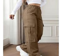Pantaloni cargo marroni con tasche con bottoni, eleganti e casual, minimalisti e carini nello stile Y2K, gamba dritta non elasticizzata e leggeri, taglie comode, adatti per la Festa degli Insegnanti, 