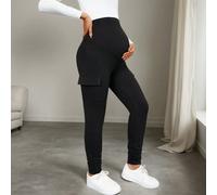 Pantaloni cargo neri slim da maternità con design di supporto addominale, tessuto in maglia ad alta elasticità, vita elastica, decorazione con volant all'orlo della caviglia, comodi per l'uso quotidia