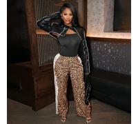 Pantaloni casual a vita bassa a zampa larga con stampa a blocchi di colore vintage a righe e leopardo, stile sportivo con toppe ricamate, adatti per sport, ritorno a scuola, vintage, sexy, carini, sti