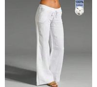 Pantaloni casual da donna in stile francese, in tessuto bianco simile al lino, con texture fluida e morbida, con tasche, adatti per primavera/estate L,M,S,XL,XS,XXSColore unicoTessuto intrecciato
