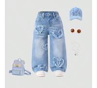 Pantaloni casual da ragazza con lavaggio chiaro, vita completamente elastica, toppe a forma di cuore ricamato, gambe larghe, tasche piatte. Il miglior look quotidiano, adatto per scuola, campus, colle