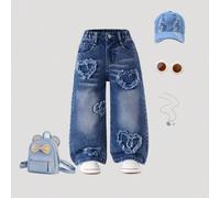 Pantaloni casual da ragazza con lavaggio chiaro, vita completamente elastica, toppe a forma di cuore ricamato, gambe larghe, tasche piatte. Il miglior look quotidiano, adatto per la scuola, il campus 