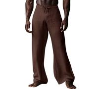 Pantaloni casual da uomo in lino estivi vestibilità rilassata pantaloni a campana elastico in vita coulisse leggeri spiaggia yoga pantaloni in lino comfort gamba larga pantaloni svasati, Marrone, 5XL