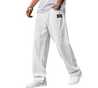 Pantaloni casual da uomo in tessuto di canapa, pantaloni casual con coulisse con tasca elastica in vita, pantaloni larghi in lino da uomo, bianco, XL